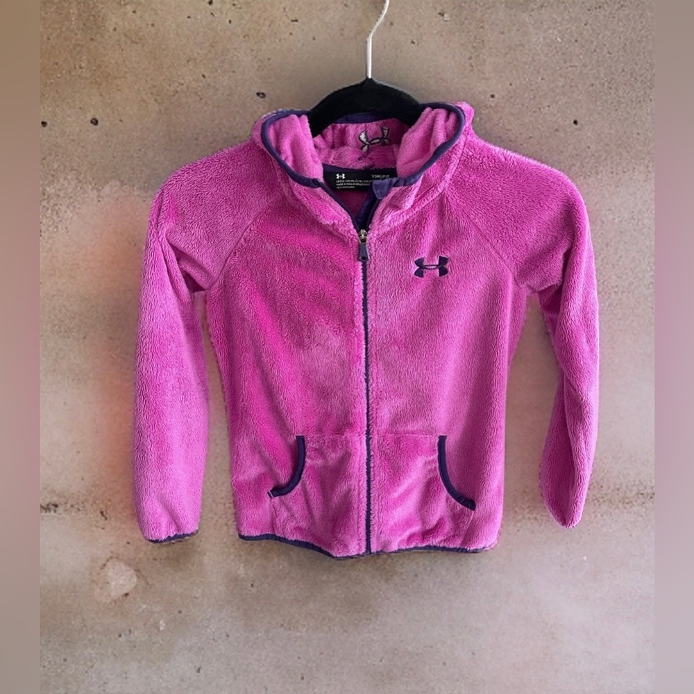 Girls Under Armour Bright Pink/Purple Fuzzy Coat, Full Zip, Size Small